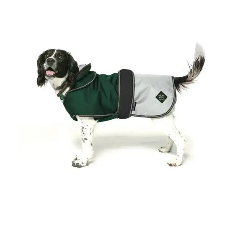 Dark green and light gray danish design battersea 2-in-1 dog coat green with black trim and diamond brand patch on side