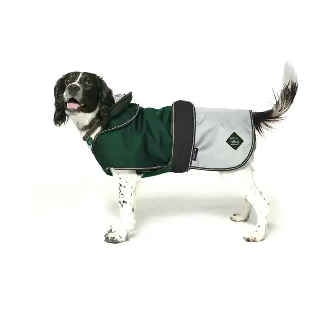 Dark green and light gray danish design battersea 2-in-1 dog coat green with black trim and diamond brand patch on side