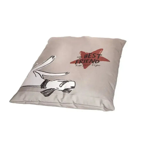 Beige cushion with black leg drawing and red star on danish design battersea daydreamer deep duvet dog bed