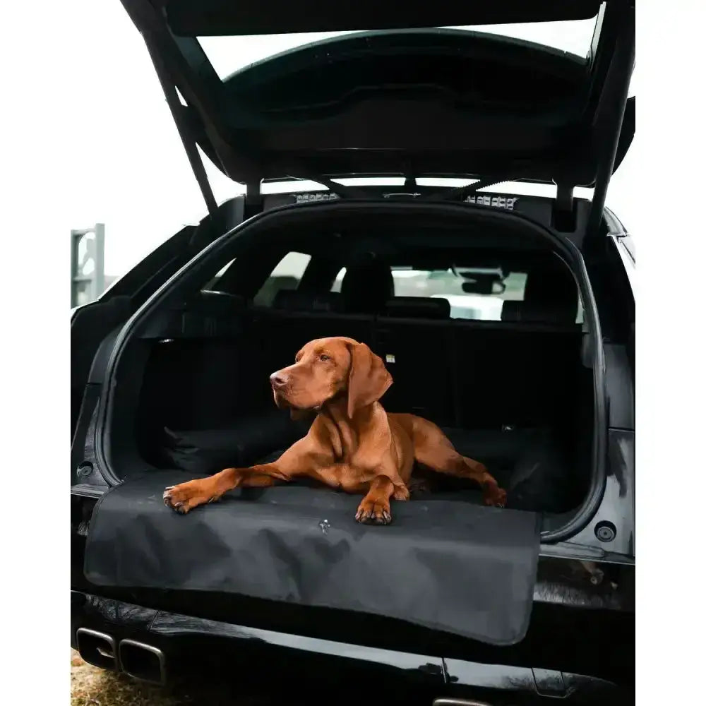 Black waterproof cargo liner in car trunk showing the back side of danish design boot bed dog bed perfect for pets