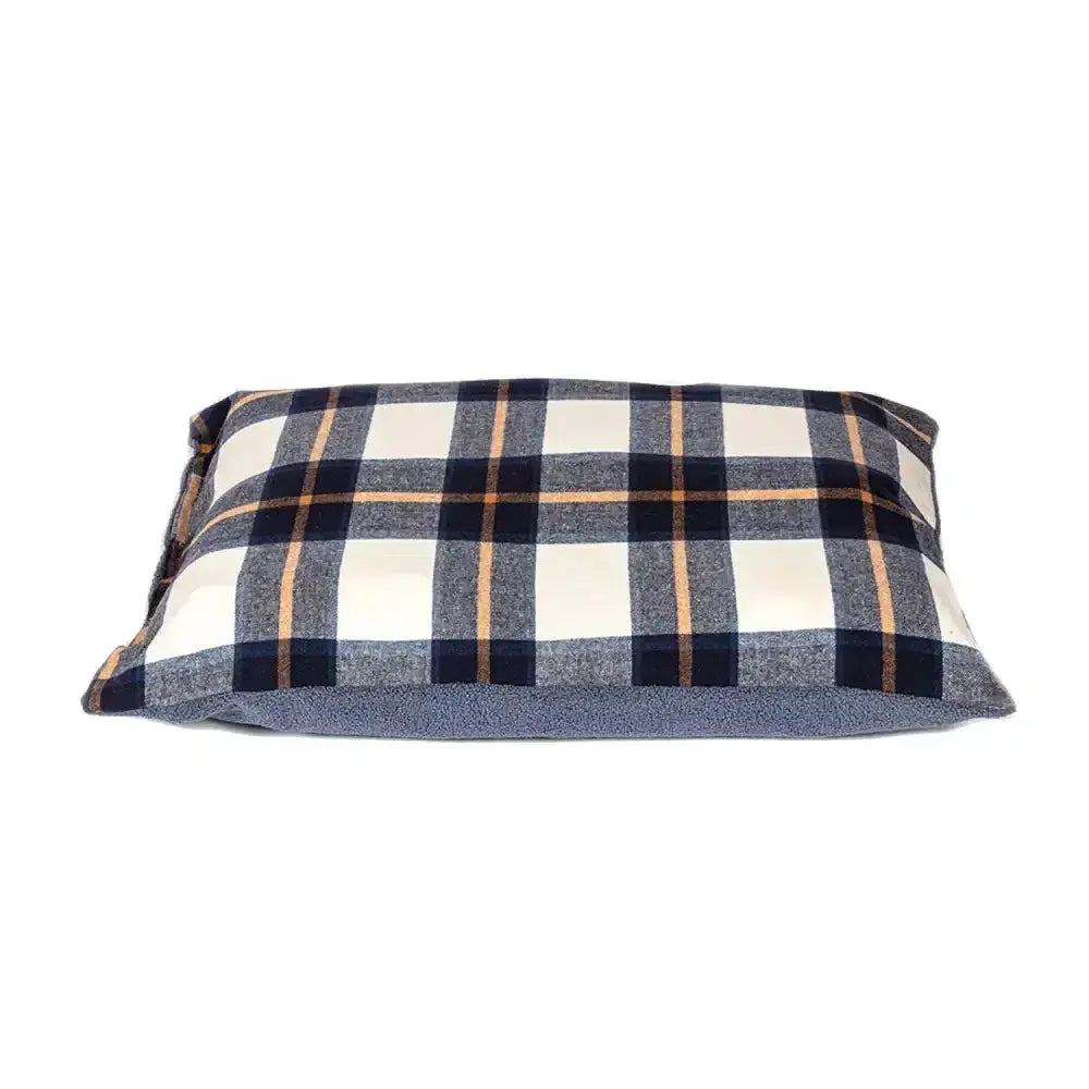 Rectangular wool pillow with navy blue cream and tan plaid pattern for danish design bowmore deep duvet navy set