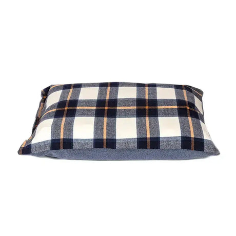 Rectangular wool pillow with navy blue cream and tan plaid pattern for danish design bowmore deep duvet navy set