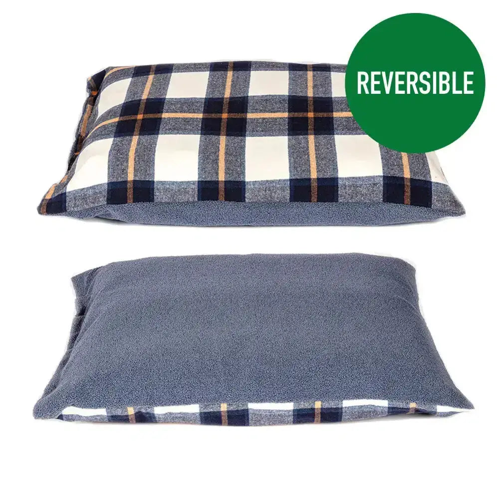 Reversible pet bed danish design bowmore with plaid navy cream tan stripes and soft gray fleece bowmore deep duvet navy