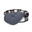 Cozy danish design bowmore deluxe slumber bed navy features a round plaid exterior with a plush gray fleece cushion