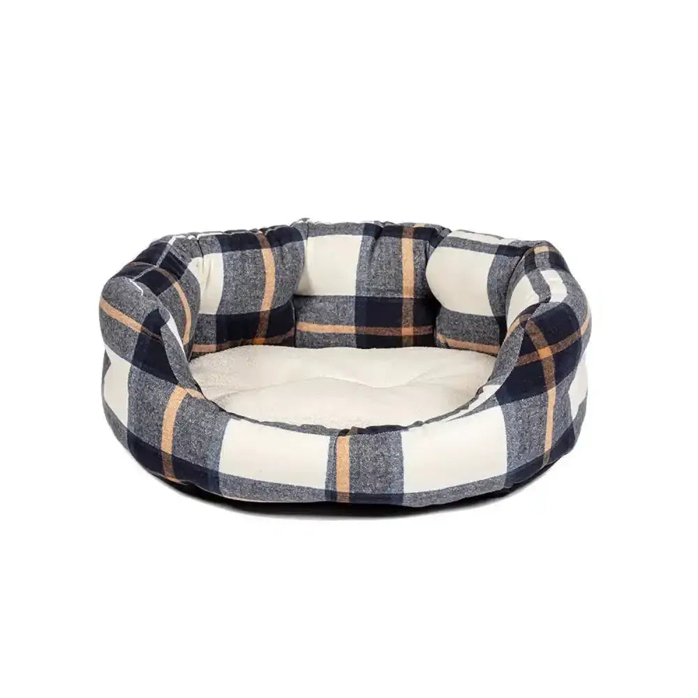 Cozy round danish design bowmore deluxe slumber bed navy with plush navy gray cream plaid exterior and soft white lining
