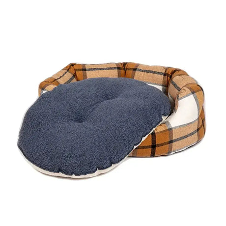 Plaid-patterned danish design bowmore deluxe slumber bed with plush navy blue cushion and white trim for dogs