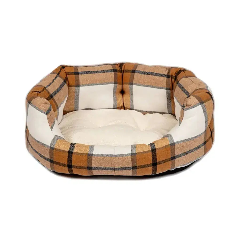 Danish design bowmore deluxe slumber bed in tan and black plaid with plush white cushioned interior for cozy dog sleep