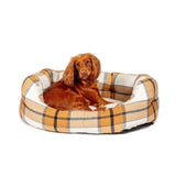 Plaid-patterned danish design bowmore deluxe slumber bed in beige cream and black stripes for cozy dog comfort