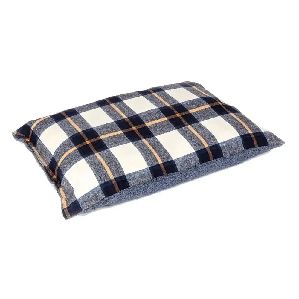 Rectangular plaid dog bed with navy cream and tan stripes on soft wool fabric matching danish design bowmore duvet cover navy