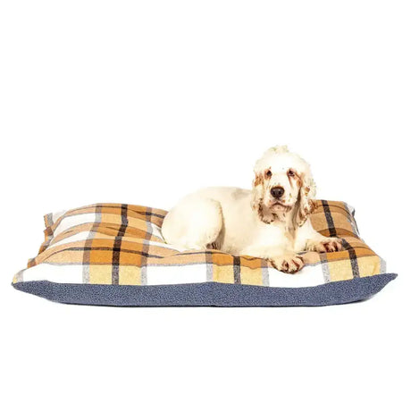 Plaid dog bed with tan white dark brown checks and navy base for danish design bowmore duvet cover sand fans