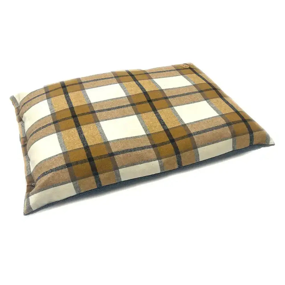 Rectangular pet bed with tan cream dark brown plaid pattern matching danish design bowmore duvet cover sand