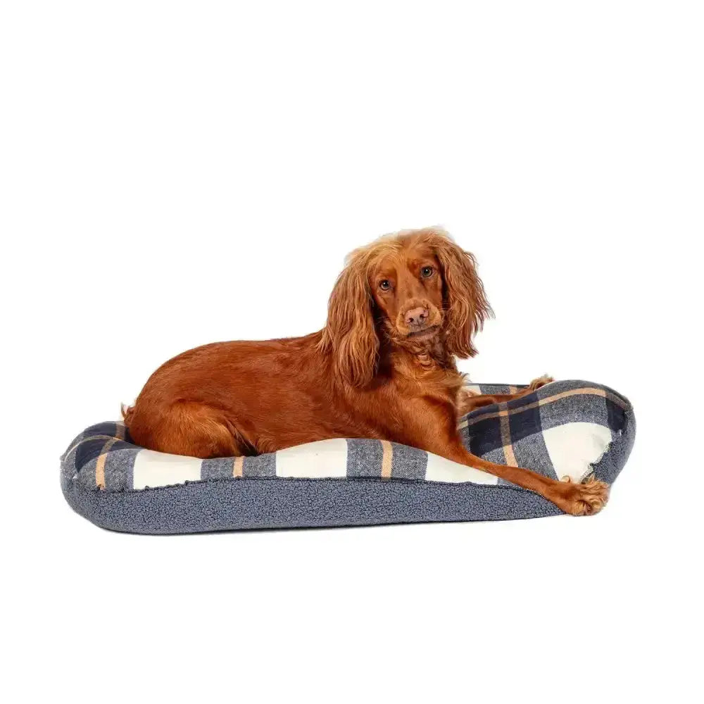 Plaid-patterned dog bed with soft gray white and beige checks featuring the danish design bowmore quilted mattress navy