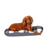 Plaid-patterned dog bed with soft gray white and beige checks featuring the danish design bowmore quilted mattress navy