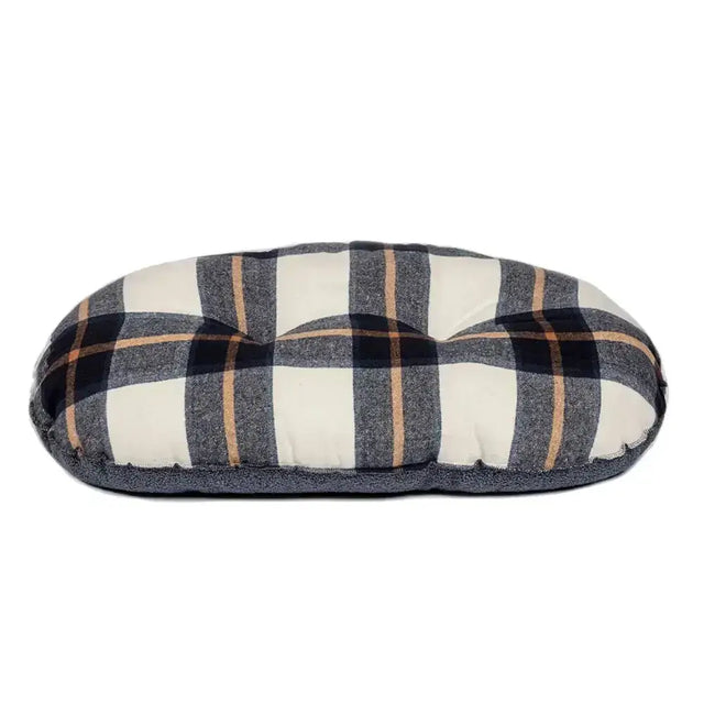 Plush oval-shaped pet bed with cozy gray and cream plaid pattern featuring danish design bowmore quilted mattress navy