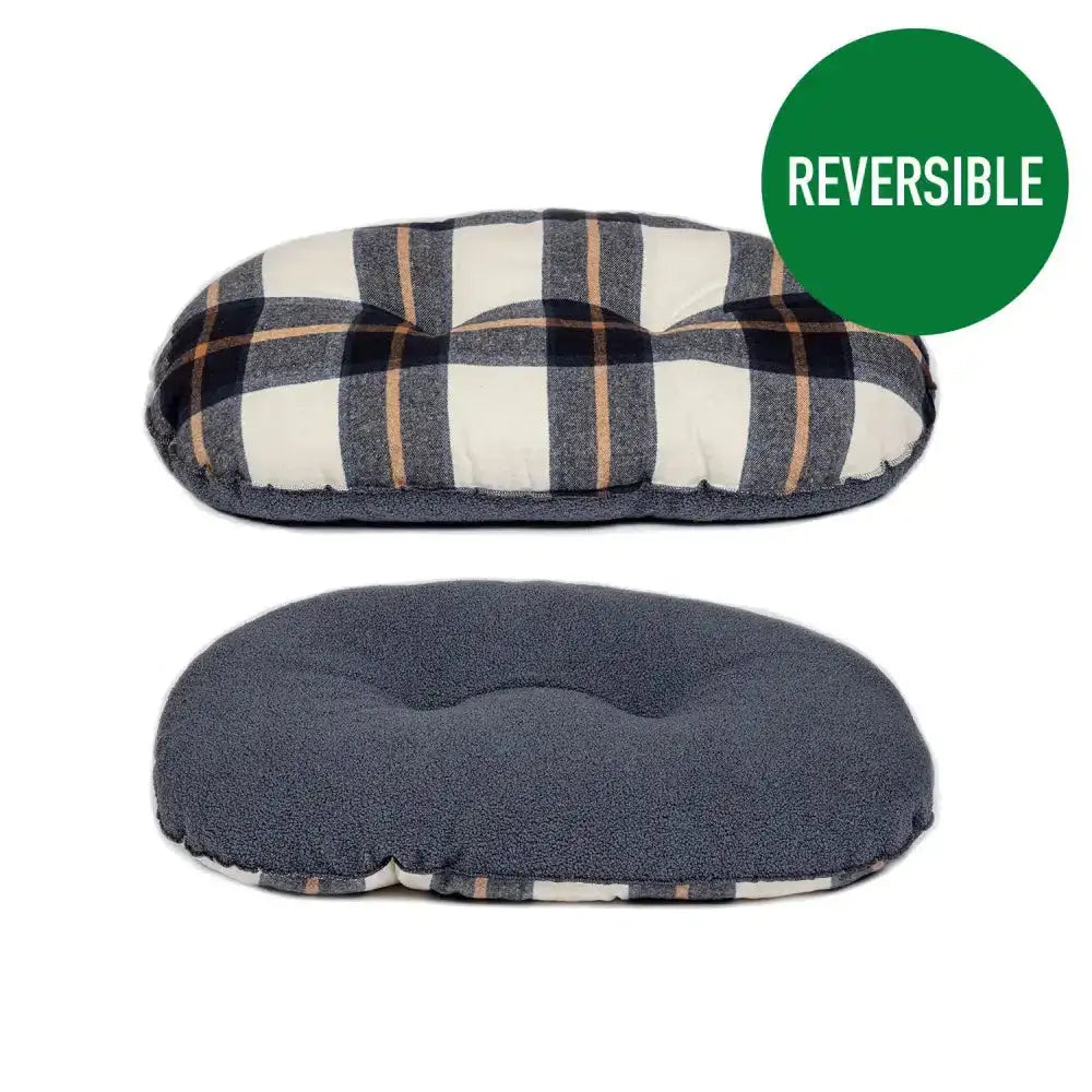 Reversible plaid and solid gray cushioned neck pillow shown with danish design bowmore quilted mattress navy for comfort