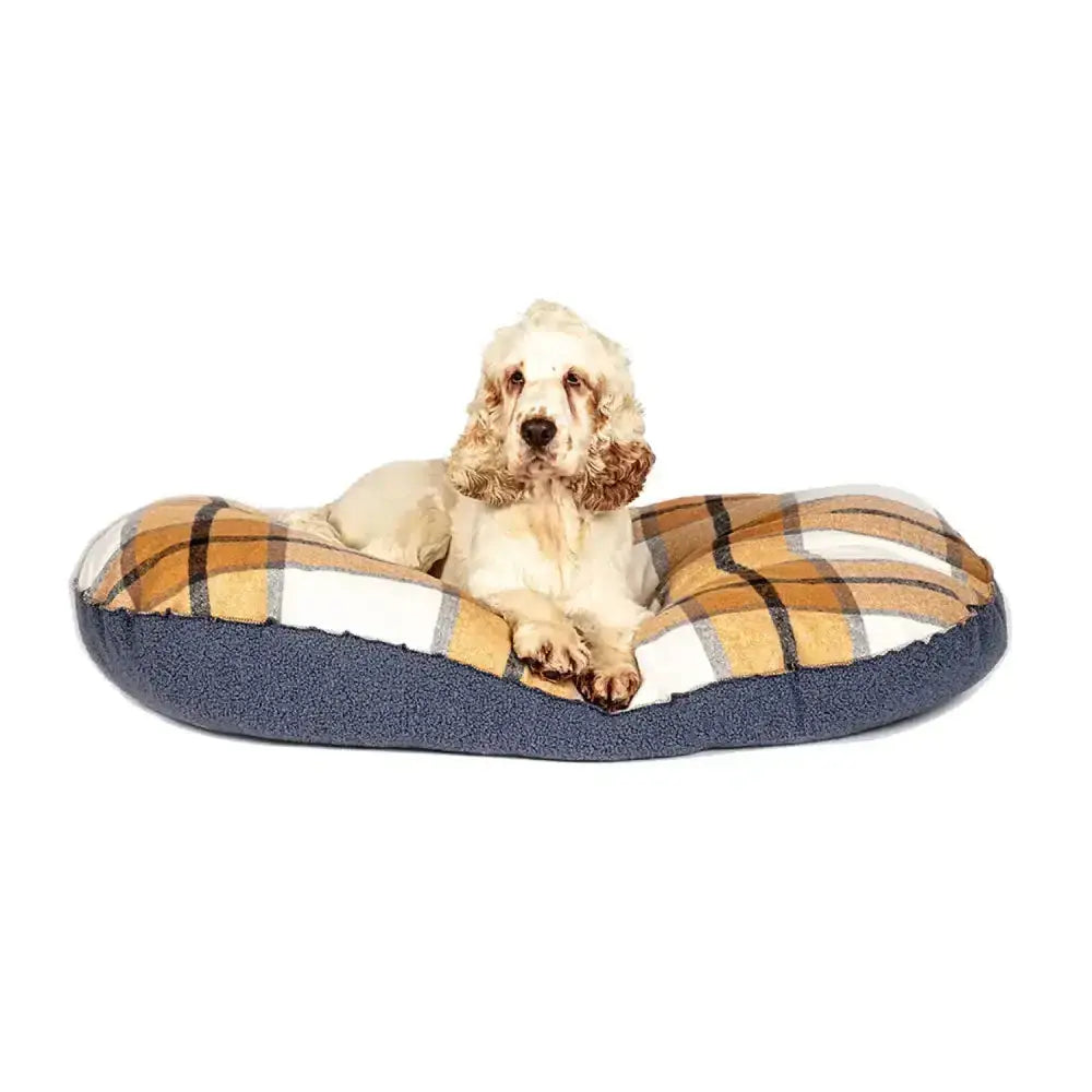 Cozy danish design bowmore quilted mattress sand dog bed with tan white navy plaid top and plush navy lining