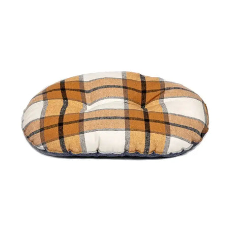 Plush oval pillow with warm orange cream plaid pattern and thin black gray lines for danish design bowmore quilted mattress sand