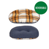 Reversible orthopedic pillow with plaid and navy fleece sides shown with danish design bowmore quilted mattress sand