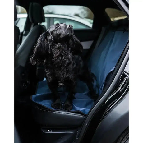 Blue danish design car seat cover dog protector with black dog standing on it for easy travel and pet safety
