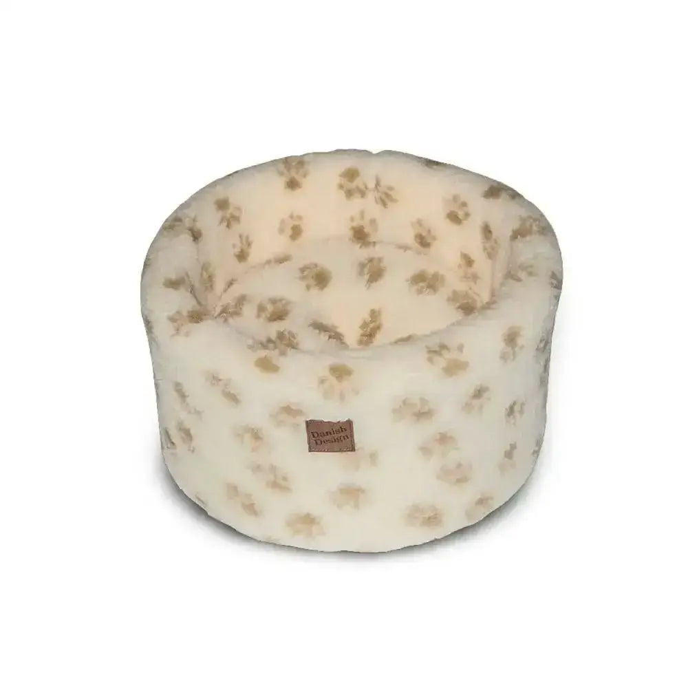 Cream-colored plush danish design cat cosy cat bed with soft fluffy texture and delicate beige floral pattern for ultimate luxury bed