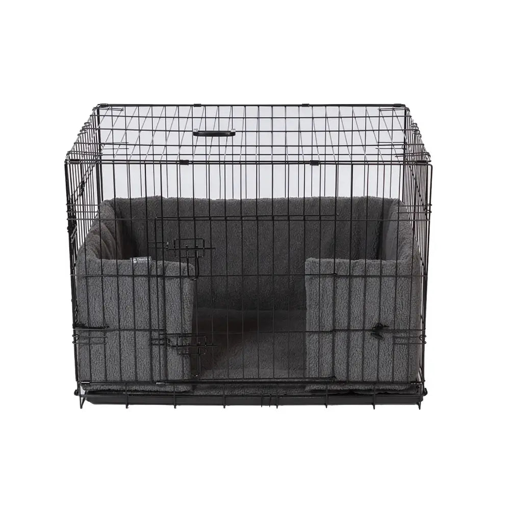 Black wire danish design crate with gray sherpa fleece lining and springbond ecoflex filling for pet comfort
