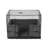 Black wire danish design crate with gray sherpa fleece lining and springbond ecoflex filling for pet comfort