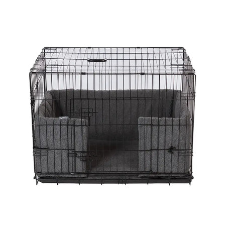 Black wire danish design crate with gray sherpa fleece lining and springbond ecoflex filling for pet comfort