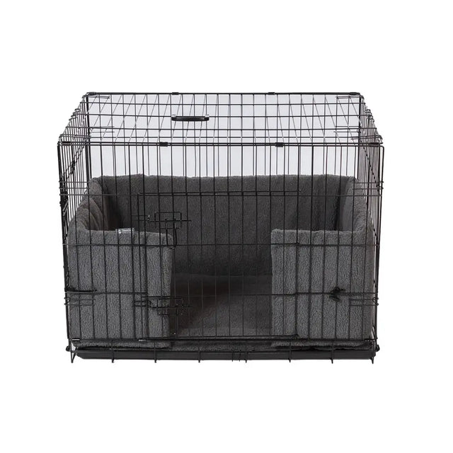 Black wire danish design crate with gray sherpa fleece lining and springbond ecoflex filling for pet comfort