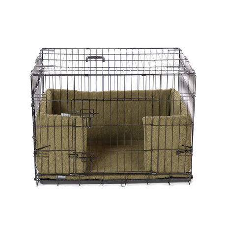 Black wire danish design crate with olive sherpa fleece bumper olive plush lining for cozy pet comfort