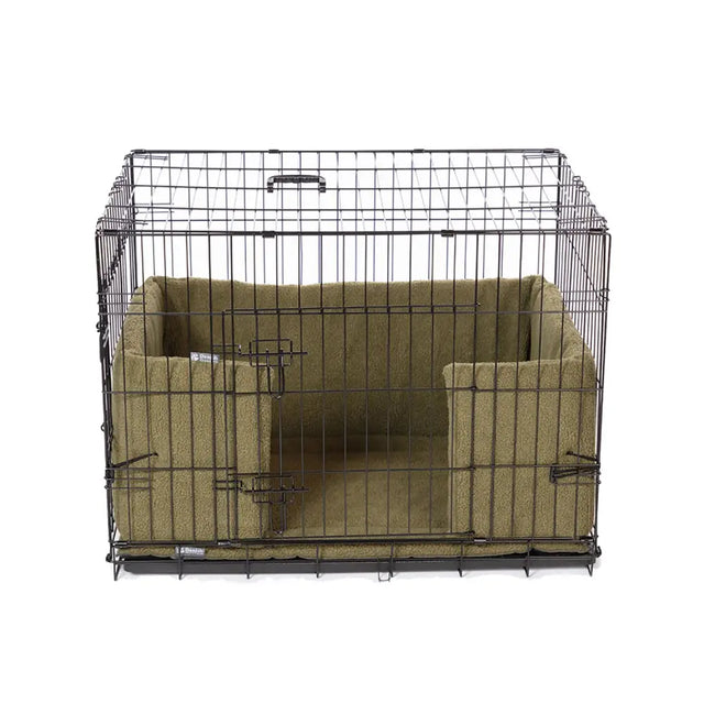 Black wire danish design crate with olive sherpa fleece bumper olive plush lining for cozy pet comfort