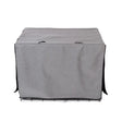 Gray fabric danish design crate cover with black trim and handles creates a cozy sanctuary for your pet crate