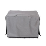 Gray fabric danish design crate cover with black trim and handles creates a cozy sanctuary for your pet crate