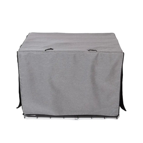 Gray fabric danish design crate cover with black trim and handles creates a cozy sanctuary for your pet crate