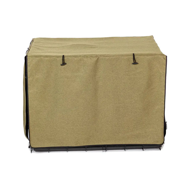 Beige danish design crate cover with black trim and reinforced ties made from upholstery fabric for a calm space