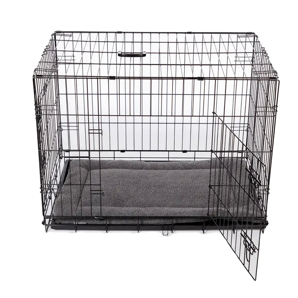 Black wire pet crate with danish design crate mattress grey featuring ecoflex filling recycled fibres and gray fleece liner