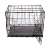 Black wire pet crate with danish design crate mattress grey featuring ecoflex filling recycled fibres and gray fleece liner
