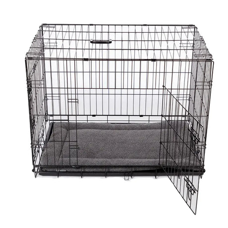 Black wire pet crate with danish design crate mattress grey featuring ecoflex filling recycled fibres and gray fleece liner