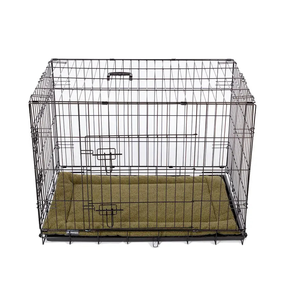 Black wire pet crate with danish design crate mattress olive featuring cushioned ecoflex filling recycled fibres