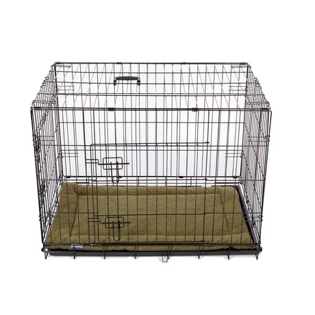 Black wire pet crate with danish design crate mattress olive featuring ecoflex filling recycled fibres cushioned floor