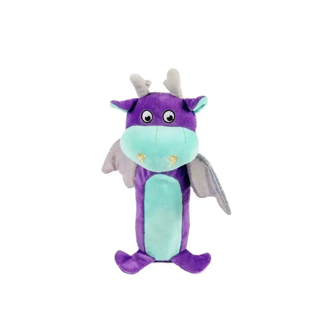 Purple and teal danish design darla dragon dog toy made from recycled plastic bottles with gray wings and horns