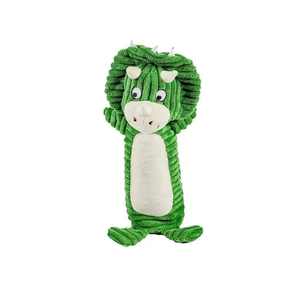 Green corduroy dinosaur dog toy with white accents from danish design declan made from recyclable plastic bottle