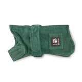 Green plush danish design dog robe with front pocket and brand patch made from towelling for cozy dog bed use