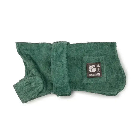 Green plush danish design dog robe towelling with front pocket and brand patch for cozy towelling dog bed use
