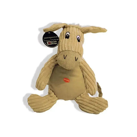 Tan corduroy donkey dog toy with embroidered eyes and stitched nose from danish design doris outstanding products fully