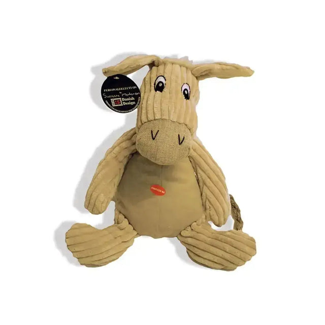 Tan corduroy donkey dog toy with embroidered eyes and stitched nose from danish design doris outstanding products fully
