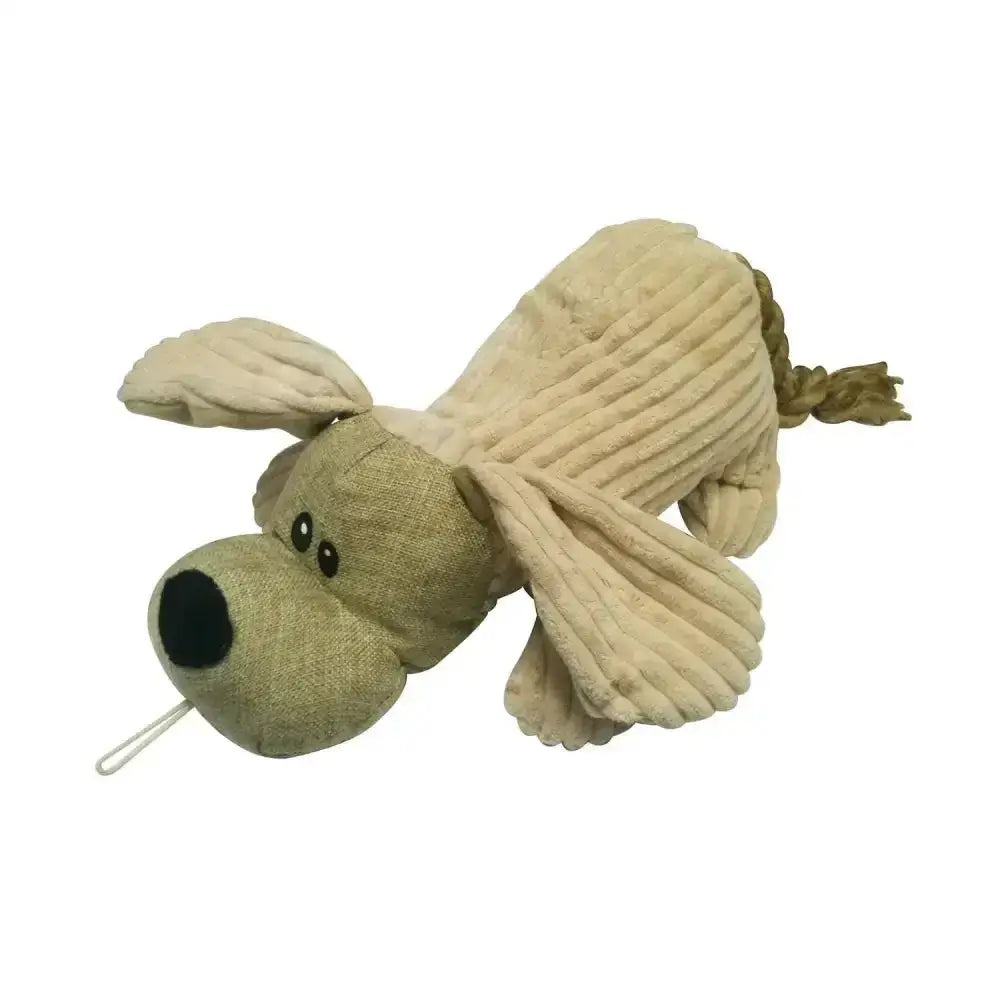 Beige corduroy plush dog toy with floppy ears and braided tail from danish design dylan outstanding products fully