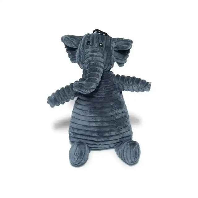 Dark gray corduroy danish design edward elephant dog toy with black bead eyes and small loop on its head