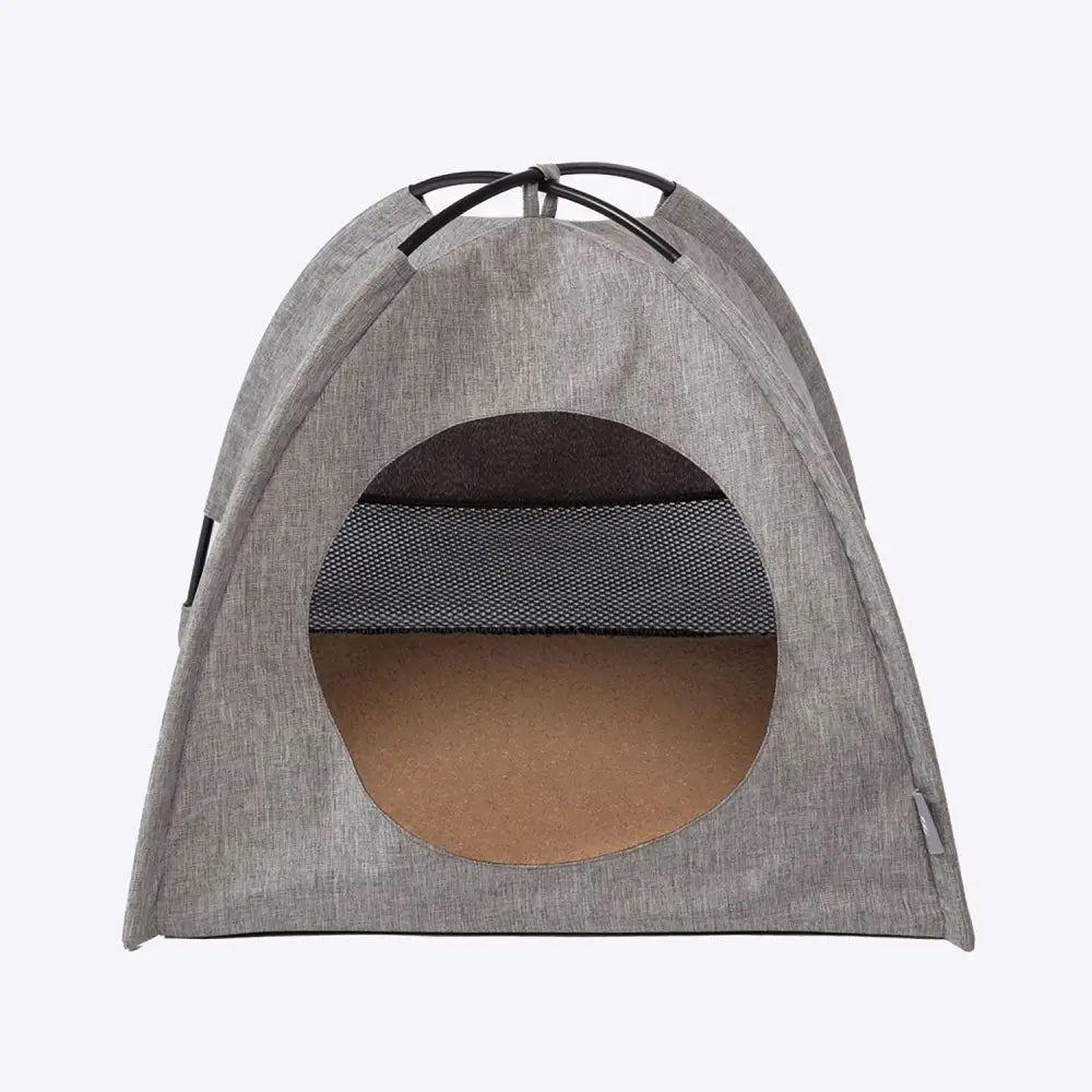 Gray textured fabric danish design essentials cat tent with black handle and mesh panel for cozy pet hideaway