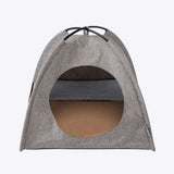 Gray textured fabric danish design essentials cat tent with black handle and mesh panel for cozy pet hideaway