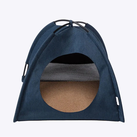 Navy blue danish design essentials cat tent with mesh panel and cork base for cozy cat lounging